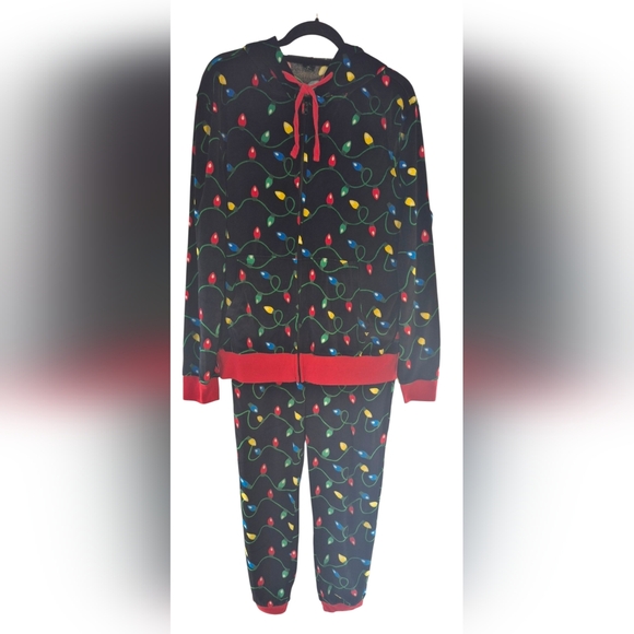 Holiday Colorful Patterned Velour Hoodie and Joggers Set Size L - Picture 2 of 5